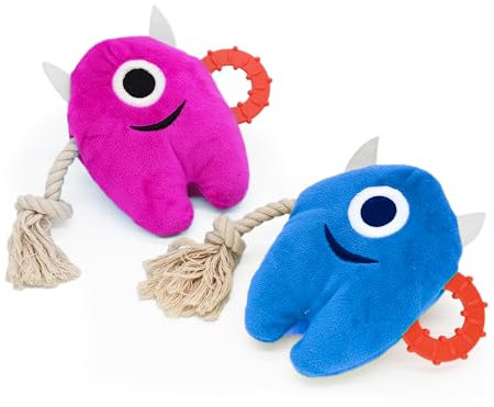Onmygogo Lot de 2 jouets couineurs à mâcher pour chien de grande taille, jouets en peluche durable à tirer à la corde pour chiot, jouets monstres (ensemble de 2, bleu et fuchsia)