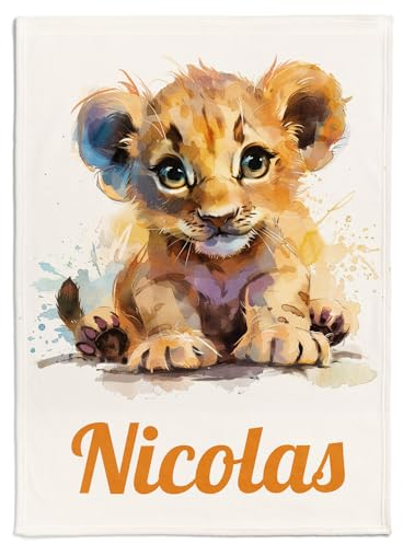 Pictogogo Personalisierte Babydecke mit Namen und Datum - Kuschelige Meilensteindecke aus Minky-Fleece, Ideal als Geburtsgeschenk (Löwe)