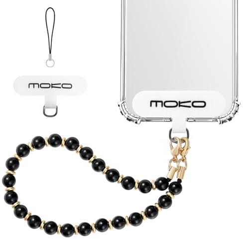 MoKo Pearl Beaded Phone Wrist Strap, Universal Phone Charm Phone Chain Lanyard with Tether Tab,Hands-Free Bracelet Wristlet for iPhone 15 Pro Max/14 Pro Max/ 13 Pro Max,and Most Smartphones, Black