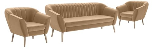 MEBLINI Mini Sofa Set 3-1-1 für Wohnzimmer - Mini Lounge für fünf Personen - Küchensofa - Sofa Klein - Sitzgarnitur - Polstergarnitur - Sofagarnituren - KAIA - 3+1+1 - Beige Samt