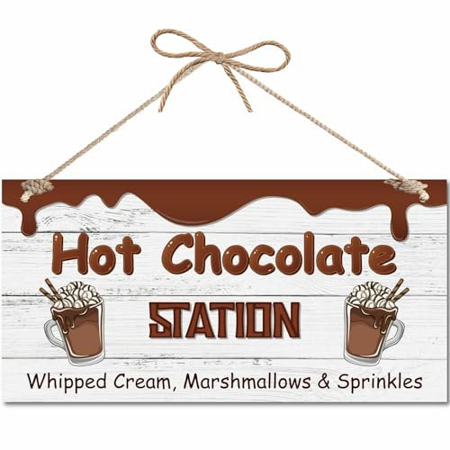 CREATCABIN Hot Chocolate Station Door Sign Wood Hanging Display Plaque Kitchen Coffee Store Door Sign Kitchen Wall Decor Vintage House Decoration Gift for Family Friends Birthday Christmas 12x6 Inch