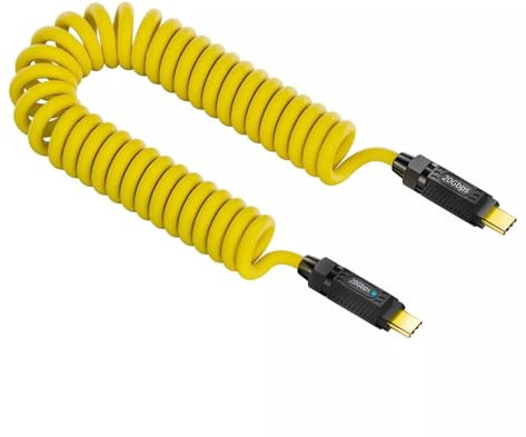 Ieron Gelbes Stretch-Spiralkabel USB-C auf USB-C 20 Gbit/s 140 W 8K für Gaming-Tastatur-Maus Typ-C-Stecker auf Stecker Strom & Daten (180 cm)