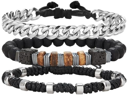 Dazylleco Set di 3 Bracciale da Uomo in Pietre Naturali, Catena Cubano e Corda Regolabile - Regali di Gioielli Fatti a Mano