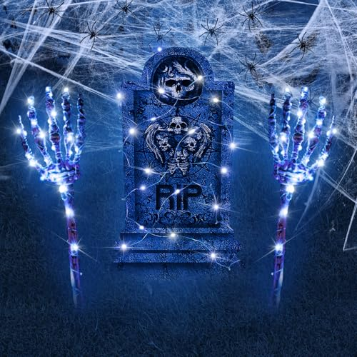 Halloween Deko, Halloween Glühendes Draußen Deko Set, Halloween Grabstein Tombstone Leuchtend,Skelett Händ, Spinnenweben, Halloween Außen Deko für Hinterhof Haunted Gruselig Party Atmosphäre Gruselige