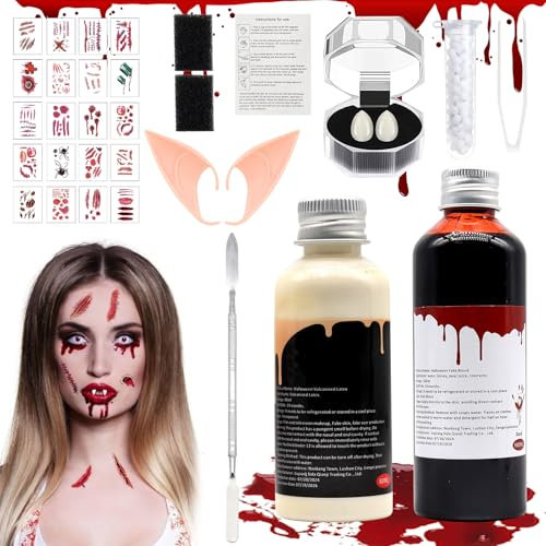 Faux Sang Halloween, Faux Sang, Fake Blood, 100ml Sang Frais Artificiel, 60ml Latex Liquide, Halloween Set de Faux Sang Lavable, Dents de Zombie, Tatouages, Maquillage Halloween Effets Spéciaux