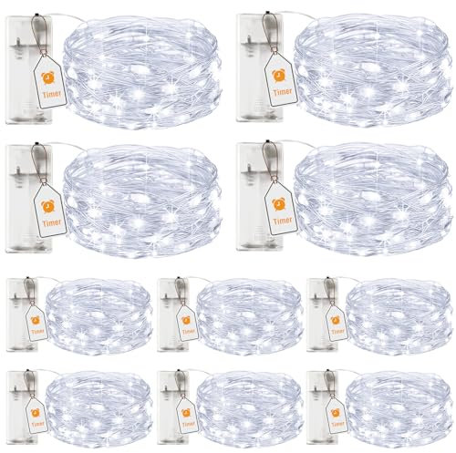 btfarm 10 Stück LED Lichterkette Batterie mit Timer, 2M 20 LED Micro Silberdraht Lichterkette Innen Batteriebetrieben für Party Weihnachten Hochzeit Halloween Innen Deko, Kaltes Weiß