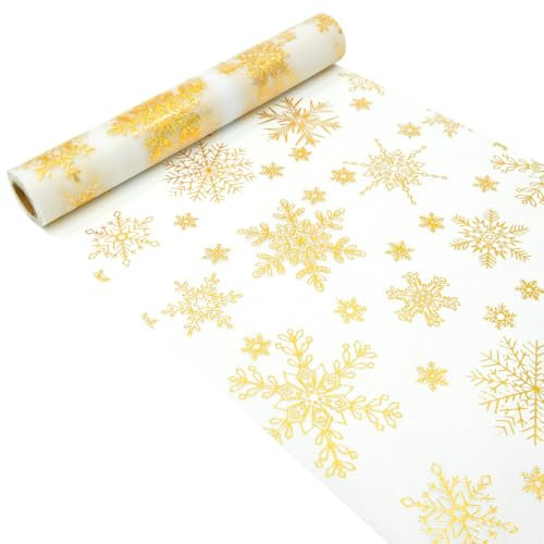 Tischläufer Weihnachten, Tischläufer Weihnachten Rolle mit Gold Schneeflockenmuster, 28CM x 500CM, Organza Tischband Glänzend Tischdeko, für Weihnachten, Silvester, Adventszeit, Ramadan