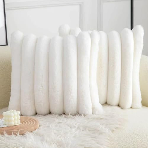 LOMUG 2er Set Plüsch Samt Kissenbezüge, Weiche Künstliche Pelz Dekorativ Sofa Zierkissenbezüge, Plüsch Kissenbezüge, Dekokissen Kissenhülle für Couch Schlafzimmer Zuhause Auto Dekor(45x45cm, Weiß)