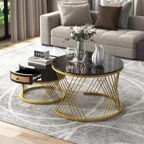 2 in 1 Runder Couchtisch, Beistelltisch mit 1 Rattanschublade, Marmormuster, Massivholzgriffen und goldfarbenen Eisenfüßen, geeignet für Wohnzimmer, Büro,Schwarz + Gold,70*70*45,5+50*50*38,5cm