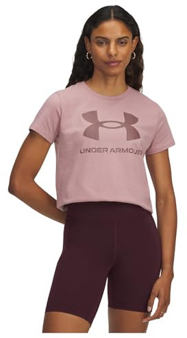 Under Armour Logo Manches Courtes Femmes, T-Shirt Femme Manches Courtes Respirant et au séchage Rapide, T-Shirt Logo Confortable, Tourmaline Pink / / Maroon Mist, XS