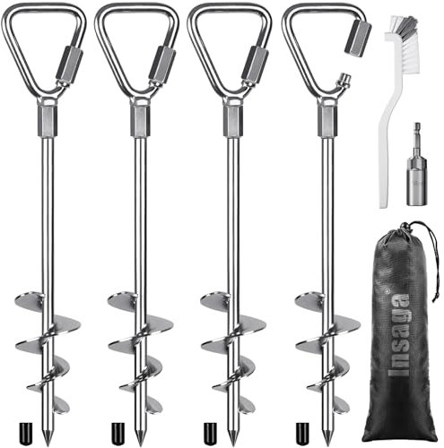 Insaga Ground Anchor, 4pcs Heavy Duty Tent Peg Trampoline Earth Stake Strong Storm Spiral Screw Spike for Garden Swing/Camping/Canopy/Shed/Dog/Carport with Carabiner Lockset, Inverted Triangle/44cm