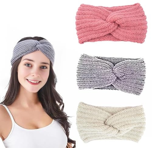 Lot de 3 bandeaux tressés en tricot épais, pour enfants et filles, cache-oreilles, chauds et élégants
