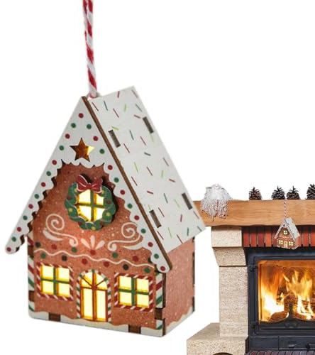 Madelyn Wooden Christmas - Gingerbread House Tree Ornament, Christmas Home Decoration, Light Up Wooden Gingerbread House Tree Ornament, Seasonal Decor Village Miniature Lanyard for Mantelpiece, Door