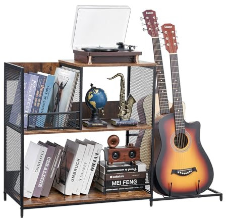 VEVOR 3-Tier Record Player Stand with Guitar Holder, Turntable Stand with Storage Holds Up to 300 Albums, Vinyl Record Cabinet with Metal Mesh Frame for Living Room, Bedroom, Black