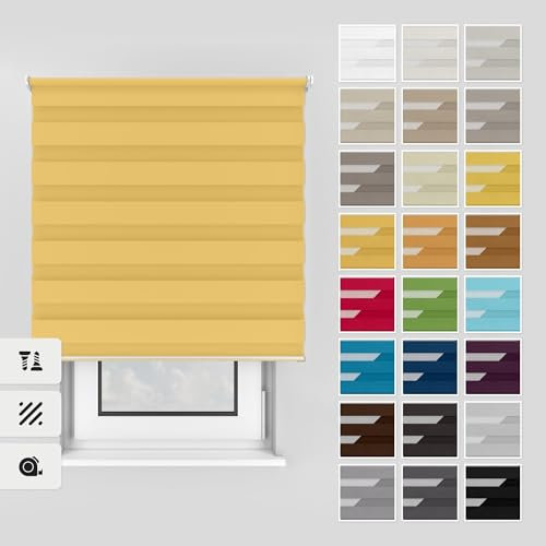 Estika Doppelrollo mit Bohren 85x220 cm Farbe: Sonnig, Rollo Deckenmontage und Wandmontage Fenster rollos für innen, Jalousien Fenster, Tür Rollo