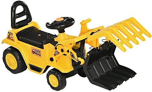 HOMCOM Sitzbagger Aufsitzbagger mit drehbarer Verstellbarer Schaufel, Hupe Kinderbagger mit Stauraum unter Sitz Rutschauto Spielzeugbagger zum Sitzen bis 30 kg, Sandbagger für Kinder 2-4 Jahre Gelb