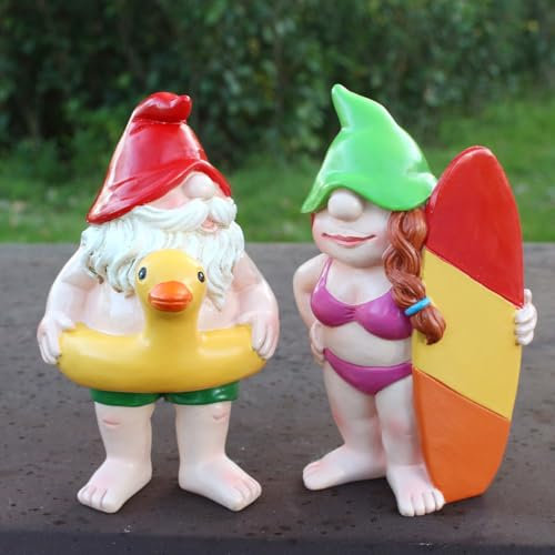 JARPSIRY Set of 2 Garden Gnomes Statue Outdoor Decor, 4 Inch Funny Resin Surfing and Swimming Beach Gnome Couple Figurines for Home Patio Lawn Yard Ornaments