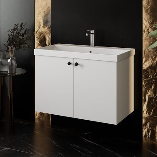 KAREN banyo Waschtisch Set | Badmöbel Weiß | Waschtisch mit Unterschrank 80 cm | Badezimmerschränke | Badezimmerset 2 teilig, Badmöbel Gäste WC | Badunterschrank Keramikwaschbecken (Mimoza 80)