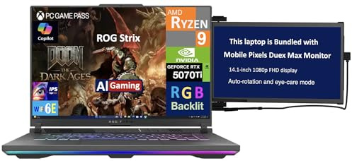 ASUS ROG Strix AI Gaming Laptop 16.0 165Hz IPS WUXGA Display (AMD Ryzen 9 8940HX, GeForce RTX 5070 Ti 12GB, 64GB DDR5, 8TB PCIe SSD, RGB KB, WiFi 6E, Webcam, Win 11 Home) w/Duex Max DS Monitor