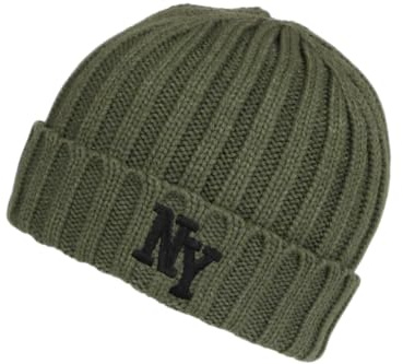 Berretto NY in lana lavorato a maglia con logo New York, stile a costine, Greenport, verde, Taglia unica