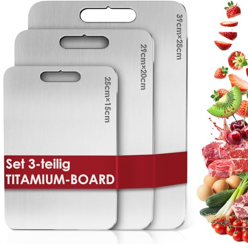 Titan Schneidebrett Set 3-teilig – BPA-frei S316 Edelstahl mit Titanium-Beschichtung, doppelseitig verwendbar für Fleisch, Brot, Gemüse und Obst