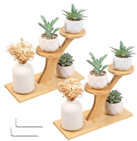 KTCINA 2Pcs Bamboo Plant Stands for Indoor, 3 Tiers Indoor Succulent Windowsill Shelf Small Tabletop Plant Holder Flowerpot Stands for Home, Office, Living Room, Bedroom Decoration(Style 2)