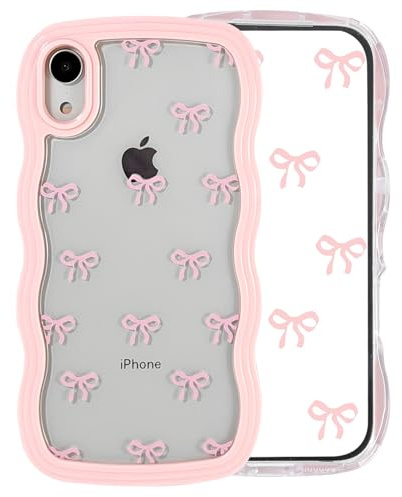Riccase for iPhone XR Case Bow Curly Wave Frame Phone Case, Shockproof Clear Soft Transparent Silicone Protective Bumper Cover for Women Girls, Pink