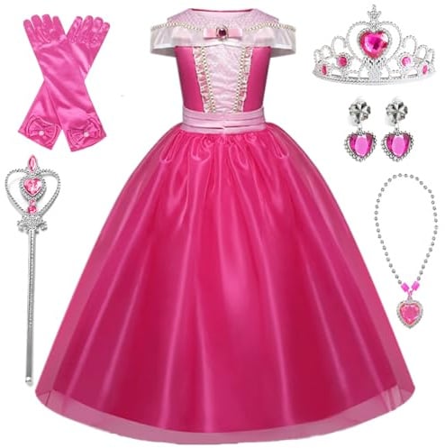 Emin Fille Déguisement de Princesse Rose avec Accessoires Robe de Conte de Fées Robe Tulle Maxi Anniversaire Fête Noël Partie Halloween Carnaval Cosplay Costume Enfants Rose, 110