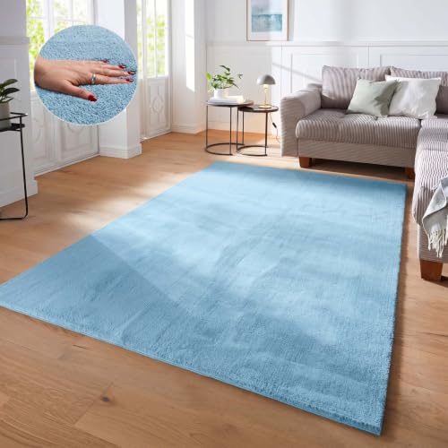 Taracarpet Supersoft kurzflor Teppich Fiona Wohnzimmer Schlafzimmer Kinderzimmer Flur Läufer waschbar rutschfest Uni New Hellblau 140x200 cm