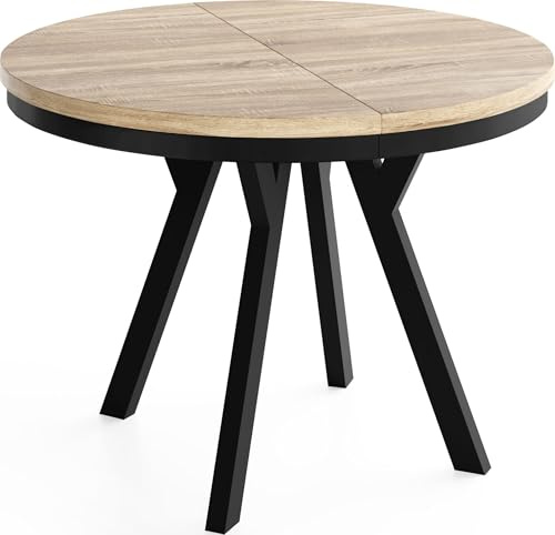 Runder Ausziehbarer Esstisch im Loft-Stil XXL Groß – Verlängerbarer Tisch mit Schwarzen Holzbeinen & Metallring – Platzsparender Esstisch für Wohnzimmer – Eiche Sonoma Hellbraun – 100 bis 200 cm