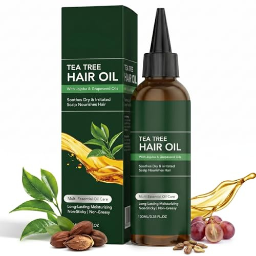 Tea Tree Hair Oil for Dry & Frizzy Hair, Tea Tree Oil for Hair & Scalp for Lightweight Moisture and Smooth Shine, Non-Greasy Daily Nourishing Care for All Hair Types, for Men & Women, 100ml