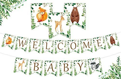 Wald Willkommen Baby Banner - Waldtier Kreaturen Bunting Banner Girlande für Baby-Dusche-Dekorationen Geschlecht Neutral Wald