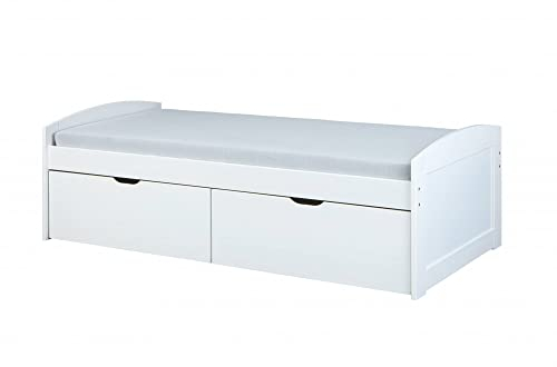 Inter Link - Funktionsbett - Einzelbett - Kinderbett - 2 Schubkästen - Kiefer Massivholz - EINAR - weiss - 90 x 200cm