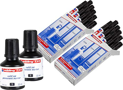 edding 3000 Permanent-Marker schwarz, 20er Pack + 2x 30ml Nachfülltinte (schwarz)