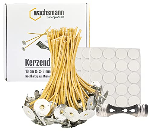 Bienenwachs-Docht aus Hanf – 100 Paraffinfreie Kerzendochte gewachst, Flachdocht 10 cm+1 lang, 3 mm breit, für Kerzen von 4-7,5 cm Duchmesser, mit Dochthalter & Klebepunkten, Kerzen selber Machen