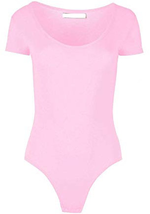 BIWTUP Ladies Short Sleeve Stretchy Womens Casual Scoop Neck Plain Bodysuit Leotard Top (Baby Pink, UK 12-14)