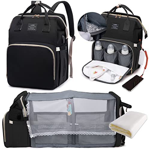 LEcylankEr Wickelrucksack mit Babybett - Große Wickeltasche Rucksack mit Wickelauflage & Isoliertasche & Moskitonetz & USB-Ladeanschluss (Schwarz)