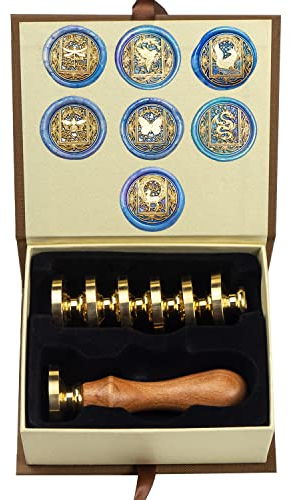 Wachs-Siegel-Stempel-Set, ANBOSE Tier-Wachs-Siegel-Stempel-Set mit 7 PCS abnehmbaren Messingköpfen und 1 Holzgriff, Stern-Schmetterling-Biene-Drache-Siegel-Wachs-Stempel für Karten Einladungen