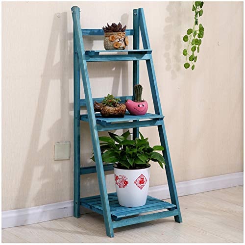 Foldable Flower Stand, 3 Tier Plant Shelf, Indoor Wooden Flower Stairs Ladder Shelf (Blue)