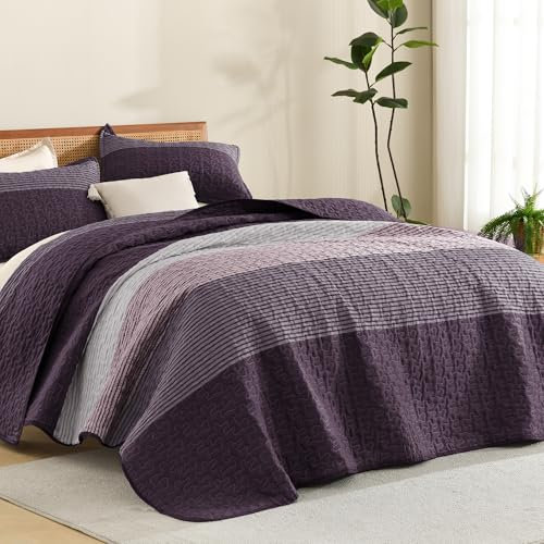 Litanika Steppdecke in Kingsize, Lila und Grau, gestreift, Patchwork-Tagesdecke, Überwurf, 3-teilig, weich, leichte Mikrofaser, Bettwäsche-Set für alle Jahreszeiten (1 Steppdecke, 2 Kissenbezüge)