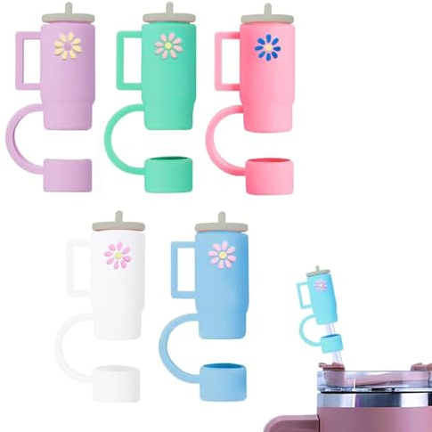 Stanley Cup Straw Cover Silicone Straw Tips Cover, 5 Pcs Colourful Cup Straw Toppers for Reusable Dust-Proof Straw Tips Cover Portable Straw Caps Straw Protector Cover Dust-Proof Cute Straw Plugs