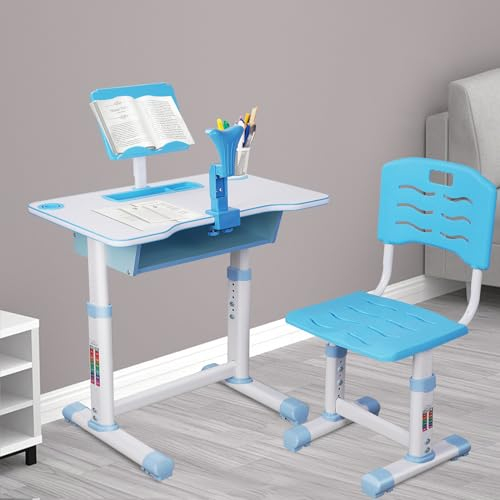 Vinteky Kinderschreibtisch, Schreibtisch Höhenverstellbarer schreibtischstuhl Jugendschreibtisch mit Stuhl für Kinder, Schreibtische für Kinder mit Schubladem (Blau)