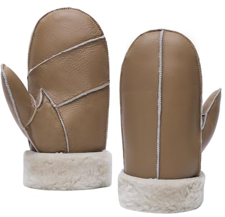 MGGMOKAY Herren Lammfell Shearling Fäustlinge Warme Lederhandschuhe,Kamel,S