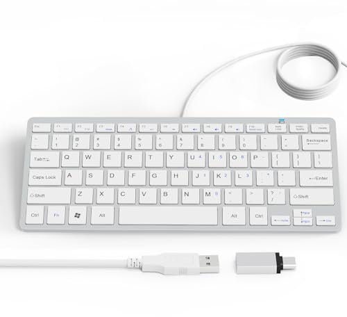 Ultra-Slim 78keys USB Mini Wired Keyboard with Media Hotkeys for Apple Mac Pro, MacBook 56Pro/ iMac, Air, Mac mini, Laptop Computers, Windows Desktop PC 11/10/8/7, with USB-A to C OTG Adapter, White