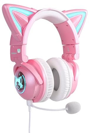 KUQIRMAOERJI Kabellose Katzenohr-Kopfhörer (12 Farbwechsel) mit anschließbarem, ansteckbarem HD-Mikrofon und Mikrofon-Stummschalttaste, 3,5-mm-Klinke, Gaming für Diverse Spielkonsolen (Pink)