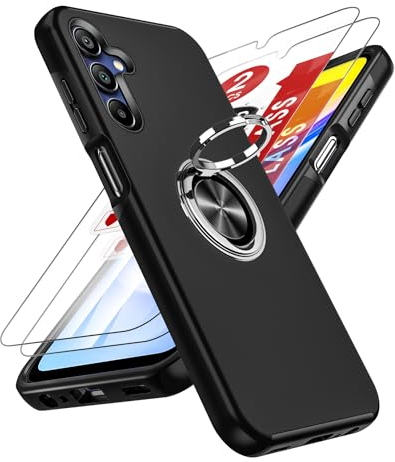 LeYi Handyhülle für Samsung Galaxy A15 4G/5G Hülle mit 2 Schutzfolie, TPU+PC Militärschutz Hybrid Schutzhülle mit 360 Grad Drehbar Metall Ring Ständer Stoßfest Anti-Kratzer A 15 Case Cover Schwarz