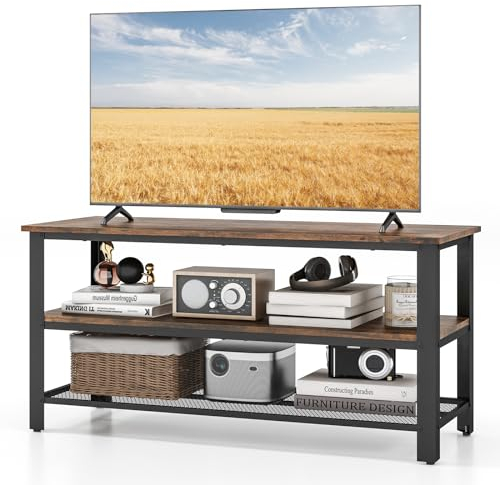 GOPLUS Mueble de TV, Estantería de 3 Niveles con Patas Metálicas y Ajustables, Mesa Consola para Televisor de hasta 50 Pulgadas, Soporte para TV Industrial para Sala de Estar, Dormitorio, Marrón