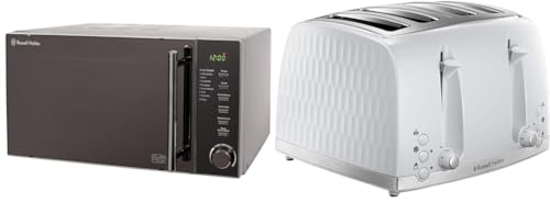 Russell Hobbs RHM2017 20L 800W Silver Digital Microwave, Child Safety Lock, Automatic Defrost & Honeycomb 4 Slice Toaster (Independent & Extra wide slots with high lift