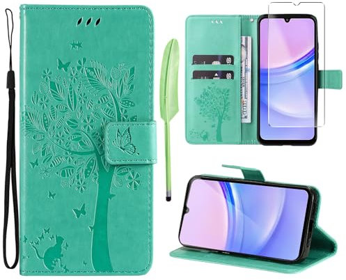 Oududianzi - Cover Compatibile con Samsung Galaxy A15 4G/5G Libro Flip Custodia Portafoglio Pelle PU Silicone TPU Antiurto [1X Vetro Temperato] [Slot Schede][Chiusura Magnetica][Funzione Stand]-Verde