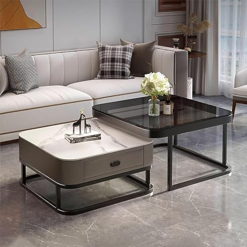 Juego de 2 mesas de centro cuadradas de cristal con marco de metal, diseño moderno para sala de estar, oficina, dormitorio, mesa de centro de almacenamiento de fácil montaje
